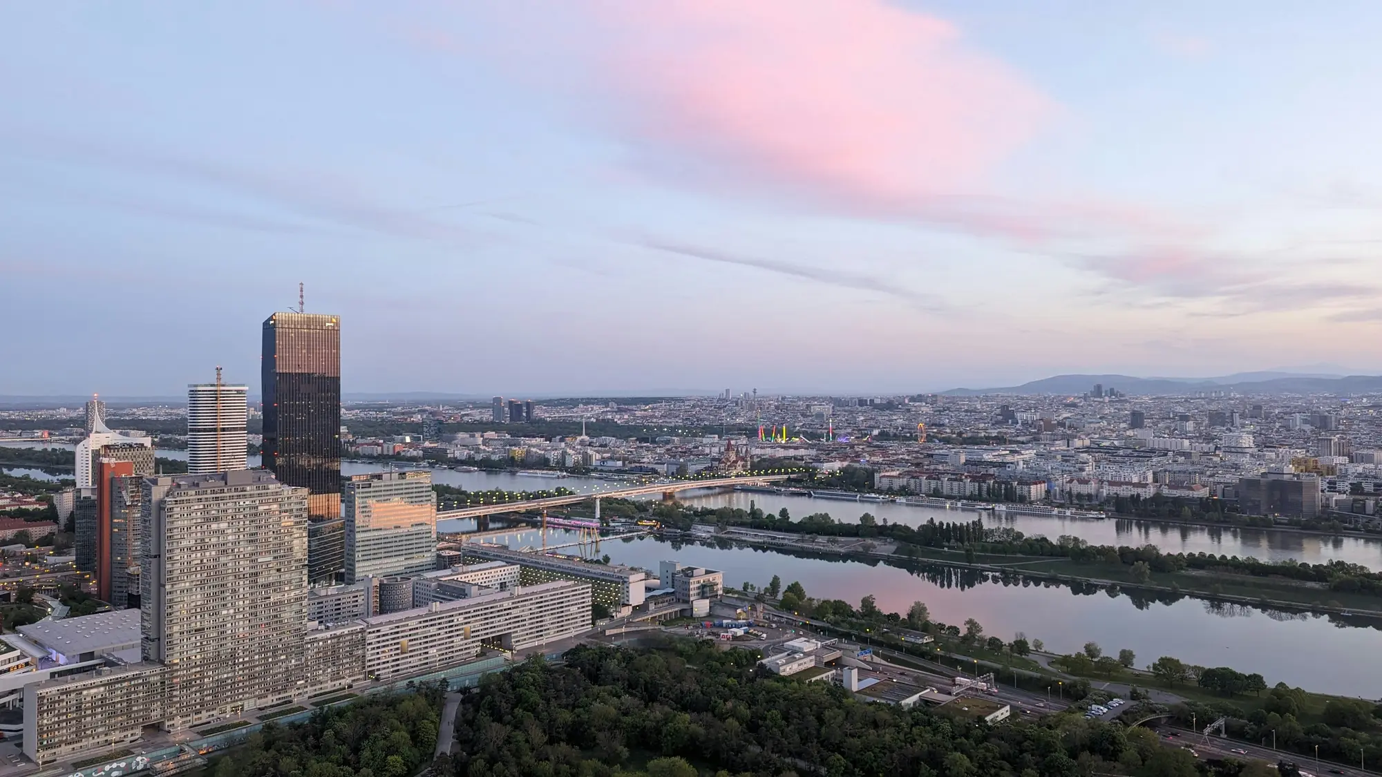 Vienna and the Danube from the air at dusk