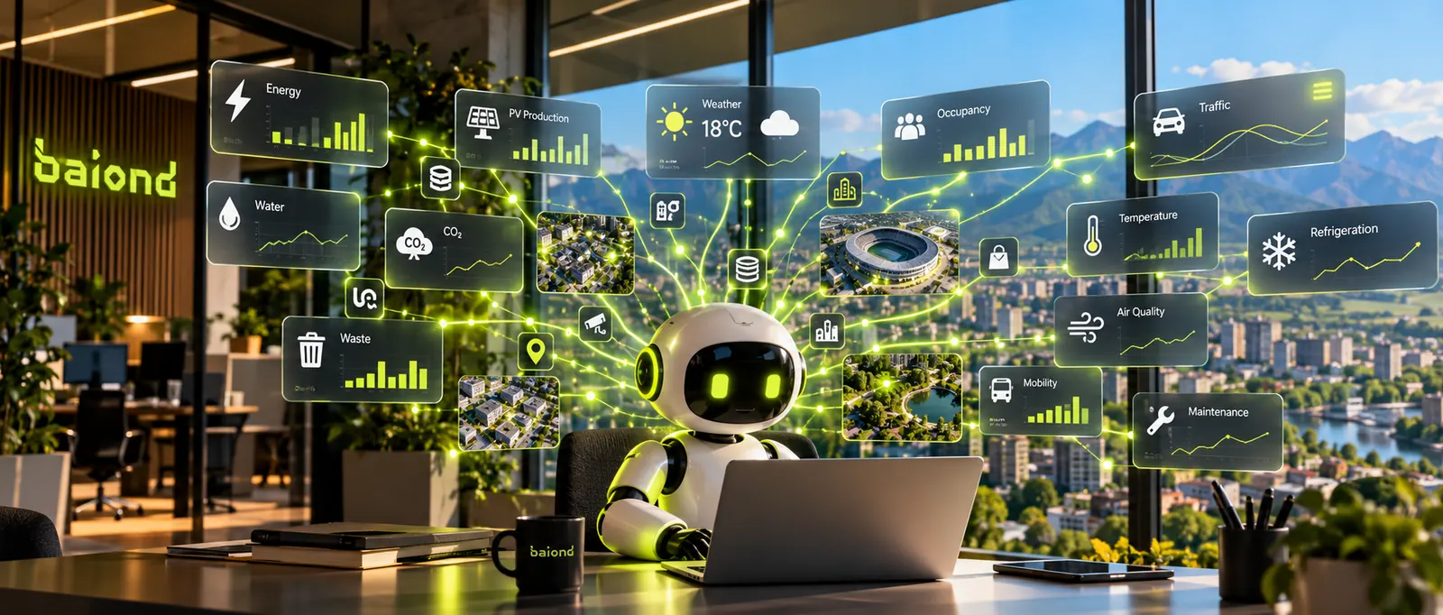 AI-generated image: a robot at a desk in front of a city panorama, surrounded by data cards for energy, weather, occupancy, traffic and refrigeration